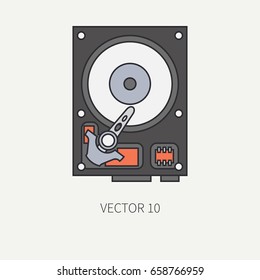 Line flat color vector computer part icon data storage hdd. Cartoon. Digital gaming and business office pc desktop device. Innovation gadget. Plate. Illustration and element for design, wallpaper.