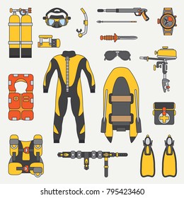 Line flat color vector diver underwater equipment icon set. Retro. Cartoon style. Ocean, sea beach. Snorkeling. Summer adventure vacation. Scuba. Aqualung. Illustration, element for design wallpaper