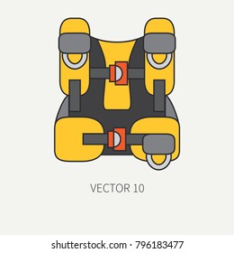 Line flat color vector diver underwater equipment icon oxygen balloon jacket. Retro style. Ocean deep, sea beach. Summer adventure vacation. Scuba aqualung. Illustration, element for design, wallpaper