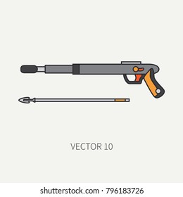 Line flat color vector diver underwater equipment icon harpoon gun. Retro style. Ocean, sea beach. Snorkeling. Summer adventure vacation. Scuba aqualung. Illustration, element for design, wallpaper.