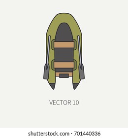 Line flat color vector fisher and camping icon inflatable rubber boat. Fisherman equipment. Retro cartoon style. Holiday travel. Spinning. Oars. Illustration and element for your design and wallpaper.