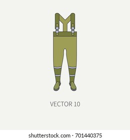 Line flat color vector fisher and camping icon fishing boots. Fisherman equipment. Retro cartoon style. Holiday travel. Spinning. Boat. Catch. Nature. Illustration element for your design, wallpaper.