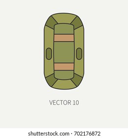 Line flat color vector fisher and camping icon inflatable rubber boat. Fisherman equipment. Retro cartoon style. Holiday travel. Spinning. Bait. Catch. Illustration element for your design, wallpaper.