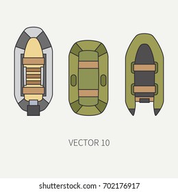 Line flat color vector fisher and camping icon inflatable rubber boat. Fisherman equipment. Retro cartoon style. Holiday travel. Spinning. Bait. Catch. Illustration element for your design, wallpaper.