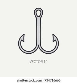 Line flat color vector fisher and camping icon fishing hook. Fisherman equipment. Retro cartoon style. Holiday travel. Spinning. Boat. Catch. Nature. Illustration element for your design and wallpaper