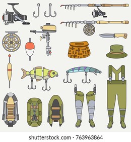 Line flat color vector fisher and camping equipment icon set. Fisherman tools. Retro cartoon style. Holiday travel. Spinning. Boat. Wild nature. Illustration, element for your design and wallpaper.