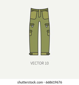 Line flat color vector hunt and camping icon - khaki pants. Hunter equipment, armament. Retro cartoon style. Wildlife travel. Camouflage. Forest. Illustration and element for your design, wallpaper.