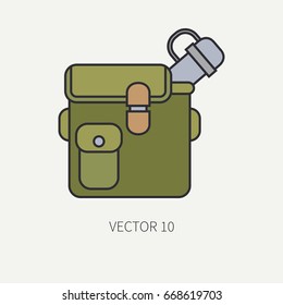 Line flat color vector hunt and camping icon jar, bottle. Hunter equipment, armament. Retro cartoon style. Wildlife travel. Camouflage. Forest. Illustration and element for your design and wallpaper