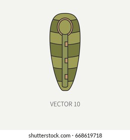 Line flat color vector hunt and camping icon sleeping bag. Hunter equipment, armament. Retro cartoon style. Wildlife travel. Camouflage. Forest. Night. Illustration and element for design, wallpaper