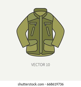 Line flat color vector hunt and camping icon khaki jacket. Hunter equipment, armament. Retro cartoon style. Wildlife travel. Camouflage. Forest. Item. Illustration and element for design, wallpaper.