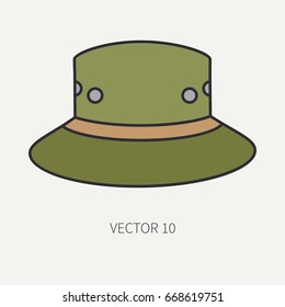 Line flat color vector hunt and camping icon hat, cap, beret. Hunter equipment, armament. Retro cartoon style. Wildlife travel. Camouflage. Forest. Illustration and element for design, wallpaper