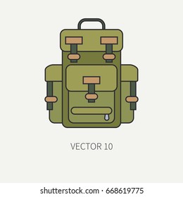 Line flat color vector hunt and camping icon - backpack. Hunter equipment, armament. Retro cartoon style. Wildlife travel. Camouflage. Forest. Illustration and element for your design and wallpaper.