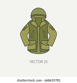 Line flat color vector hunt and camping icon khaki jacket. Hunter equipment, armament. Retro cartoon style. Wildlife travel. Camouflage. Forest. Item. Illustration and element for design, wallpaper.
