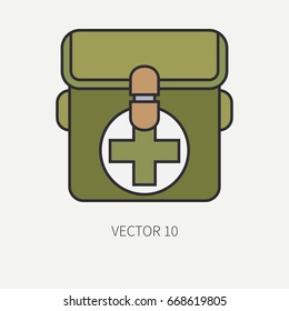Line flat color vector hunt and camping icon first-aid chest. Hunter equipment, armament. Retro cartoon style. Wildlife travel. Camouflage. Forest. Illustration and element for design, wallpaper.