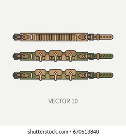 Line flat color vector hunt and camping icon cartridge belt. Hunter equipment, armament. Retro cartoon style. Wildlife travel. Camouflage. Forest. Illustration and element for design, wallpaper.