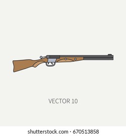 Line flat color vector hunt and camping icon shotgun, rifle. Hunter equipment, armament. Retro cartoon style. Wildlife travel. Camouflage. Forest. Illustration and element for your design, wallpaper