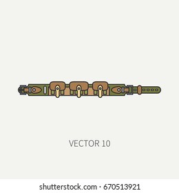 Line flat color vector hunt and camping icon cartridge belt. Hunter equipment, armament. Retro cartoon style. Wildlife travel. Camouflage. Forest. Illustration and element for design, wallpaper.