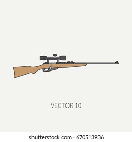 Line flat color vector hunt and camping icon sniper rifle. Hunter equipment, armament. Retro cartoon style. Wildlife travel. Camouflage. Forest. Illustration and element for your design, wallpaper.