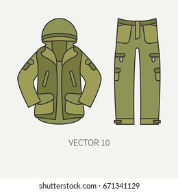 Line flat color vector hunt and camping icon khaki jacket, pants set. Hunter equipment. Retro cartoon style. Wildlife travel. Camouflage. Forest. Illustration and element for your design, wallpaper.