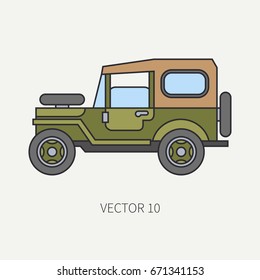 Line flat color vector hunt and camping icon off road car. Hunter equipment. Retro cartoon style. Wildlife travel. Camouflage. Forest. Adventure. Illustration and element for your design, wallpaper.