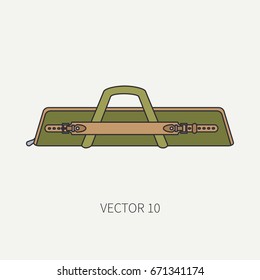 Line flat color vector hunt and camping icon casing, bag. Hunter equipment, armament. Retro cartoon style. Wildlife travel. Camouflage. Forest. Illustration and element for your design and wallpaper