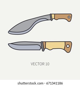 Line flat color vector hunt and camping icon machete, knife set. Hunter equipment, armament. Retro cartoon style. Wildlife travel. Camouflage. Forest. Illustration and element your design, wallpaper