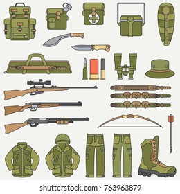 Line flat color vector hunt and camping equipment icon set. Hunter equipment, armament. Retro cartoon style. Wildlife travel. Camouflage. Forest. Nature. Illustration, element for design, wallpaper