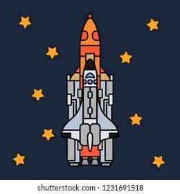 Line flat color vector icon elements of aerospace program multistage rocket. Cartoon style rocket, astronaut adventure. Illustration and element for design. Space investigations. Galaxy. Clipart logo.