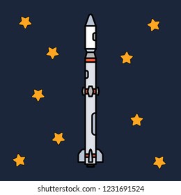 Line flat color vector icon elements of aerospace program multistage rocket. Cartoon style rocket, astronaut adventure. Illustration and element for design. Space investigations. Galaxy. Clipart logo.