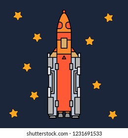 Line flat color vector icon elements of aerospace program multistage rocket. Cartoon style rocket, astronaut adventure. Illustration and element for design. Space investigations. Galaxy. Clipart logo.
