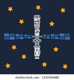 Line flat color vector icon elements of aerospace program communication satellite. Cartoon style, astronaut adventure. Illustration and element for design. Space investigations. Galaxy. Clipart logo.