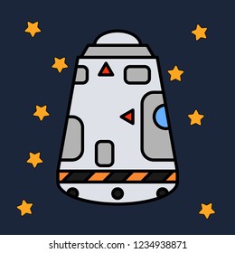 Line flat color vector icon elements of aerospace program landing rescue capsule. Cartoon style rocket, astronaut adventure. Illustration and element for design. Space investigations. Galaxy. Clipart.