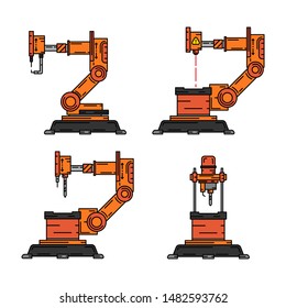 Line flat color vector icon set factory conveyor robot arm system. Automatic industry assembly robotic machinery. Globalization laborer technology process. Mechanical worker. Cartoon style design.
