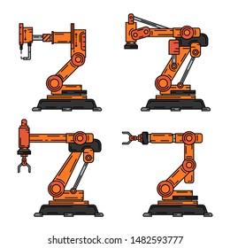 Line flat color vector icon set factory conveyor robot arm system. Automatic industry assembly robotic machinery. Globalization laborer technology process. Mechanical worker. Cartoon style design.