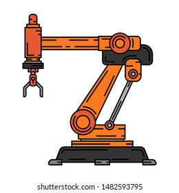 Line flat color vector icon factory conveyor robot arm system. Automatic industry assembly robotic machinery. Globalization laborer technology process. Mechanical worker. Cartoon style illustration.