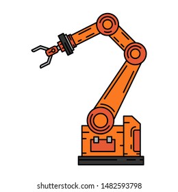 Line flat color vector icon factory conveyor robot arm system. Automatic industry assembly robotic machinery. Globalization laborer technology process. Mechanical worker. Cartoon style illustration.