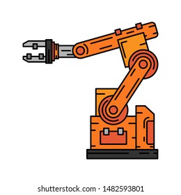 Line flat color vector icon factory conveyor robot arm system. Automatic industry assembly robotic machinery. Globalization laborer technology process. Mechanical worker. Cartoon style illustration.