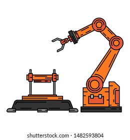 Line flat color vector icon factory conveyor robot arm system. Automatic industry assembly robotic machinery. Globalization laborer technology process. Mechanical worker. Cartoon style illustration.