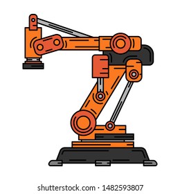 Line flat color vector icon factory conveyor robot arm system. Automatic industry assembly robotic machinery. Globalization laborer technology process. Mechanical worker. Cartoon style illustration.
