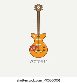 Line flat color vector icon musical instruments - electric guitar. Punk rock style. Illustration. Design elements for design. Music icons. Musical object. 