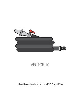 Line flat color vector icon garden tool - garden hose. Cartoon style. Vector illustration and element for your design. Garden object. Tool. Equipment symbols.