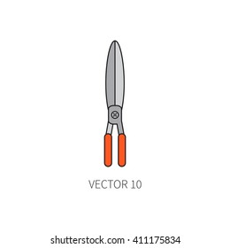 Line flat color vector icon garden tool - secateurs. Cartoon style. Vector illustration and element for your design. Garden object. Tool. Equipment symbols.