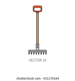 Line flat color vector icon garden tool - rake. Cartoon style. Vector illustration and element for your design. Garden object. Tool. Equipment symbols.