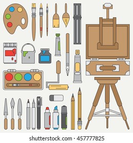 Line flat color vector icon drawing instruments set with easel, canvas, paint. Cartoon style. Drawing. Painting. Art. Vector illustration and element for your design , wallpaper. Collection.