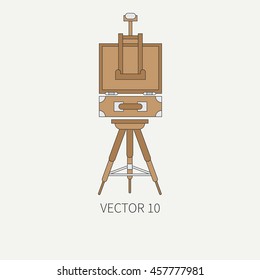 Line flat color vector icon drawing instruments set with easel, canvas, paint. Cartoon style. Drawing. Painting. Art. Vector illustration and element for your design , wallpaper. Collection.