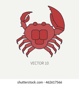 Line flat color vector icon in marine style with crab. Cartoon style. Cute simple nautical icon. Element of vacation at sea island. Vector illustration and element for your design , wallpaper.