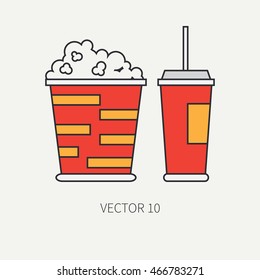Line flat color vector icon elements of movie theater pop culture - popcorn, cola. Cartoon style. Cinema. Vector illustration and element for your design. Collection. Screenplay. Movie icons.