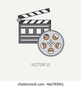 Line flat color vector icon elements of filmmaking - 35mm film bobbin , clapperboard. Cartoon style. Cinema. Vector illustration and element for your design. Collection. Video equipment. Movie icons.