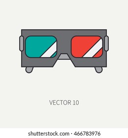 Line flat color vector icon elements of filmmaking and movie theater - 3D glasses. Cartoon style. Cinema. Vector illustration and element for your design. Collection. Screenplay. Movie icons.
