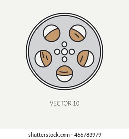 Line flat color vector icon elements of filmmaking and multimedia - 35mm film bobbin. Cartoon style. Cinema. Vector illustration and element for your design. Collection. Screenplay. Film. Movie icons.